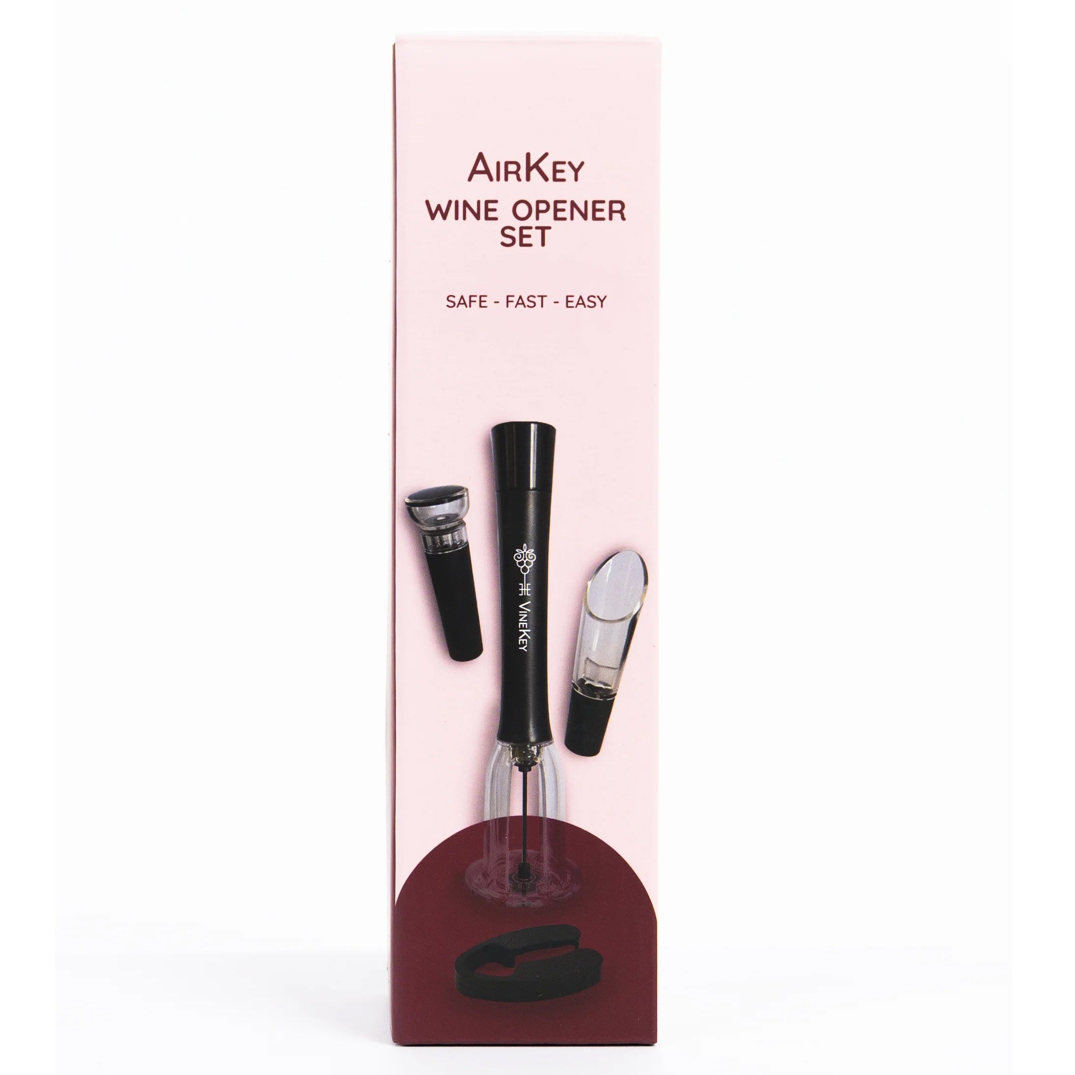 Retail packaging of the VineKey air pump wine opener set — includes pen-style opener, foil cutter, pourer, and vacuum stopper